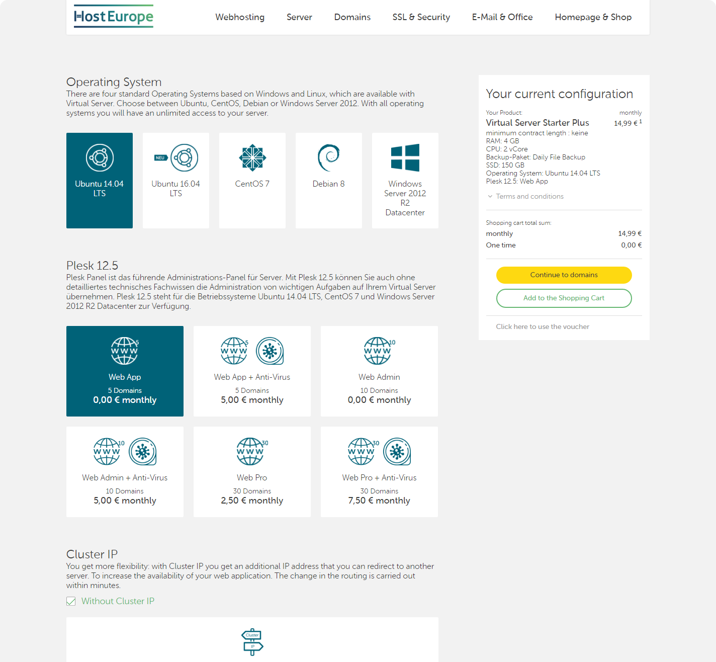 Host Europe Virtual Server Configuration Page